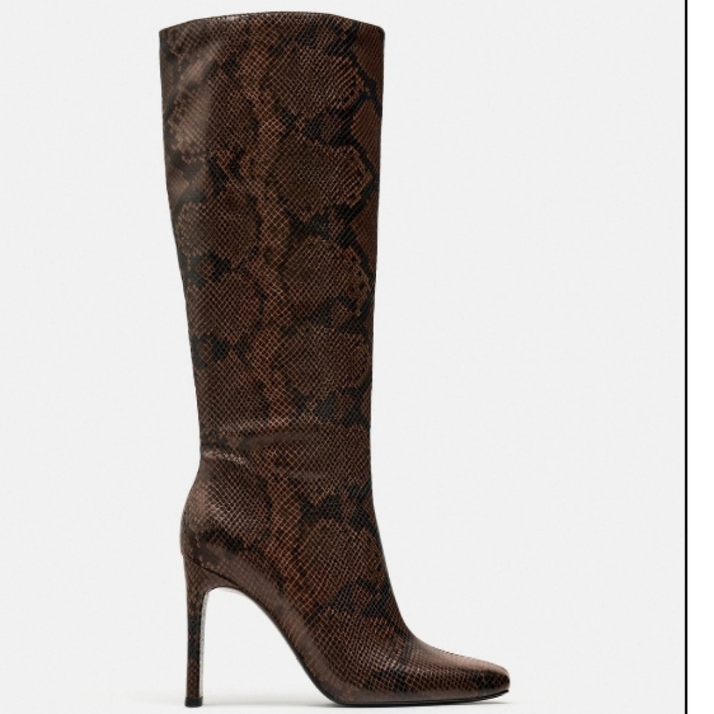 Zara faux leather animal print knee high boots size 10 eu 41 new with tag brown